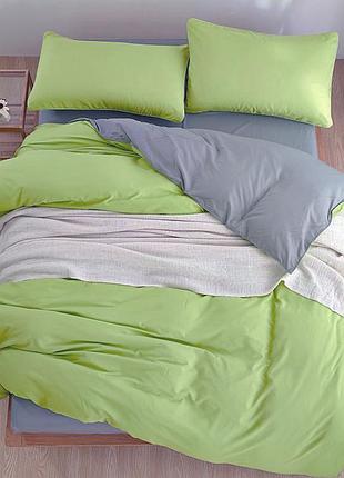 Постельное белье дуэт фисташка/серый ранфорс meriset - семейный на резинке полуторний на резинці