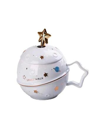 Чашка порцелянова space walk 500мл з кришкою і ложкою блакитний hp8226bl