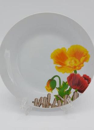 Тарелка мелкая десертная керамическая белая цветная с рисунком закусочная маки в упаковке 12 штук d 18 cm
