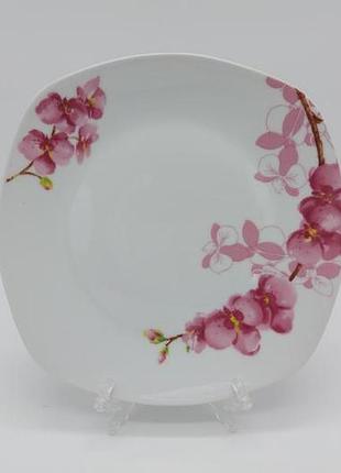 Тарілка дрібна квадратна керамічна керамічна біла кольорова з малюнком закусочна для других страв орхідея d 22 cm forkopt