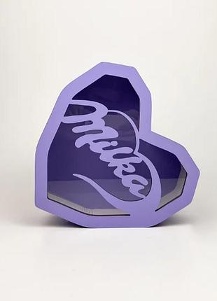 Подарочная коробка фиолетовая сердце "milka" с прозрачной крышкой