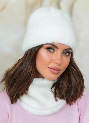 Комплект ангоровий на флісі шапка і снуд,комплект шапка і баф,комплект зимовий,головний убір зима жіночий