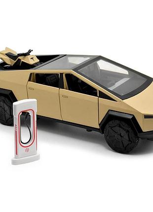Машинка джип tesla cybertruck металлический с квадроциклом 1:24 с зарядной станцией autoexpert