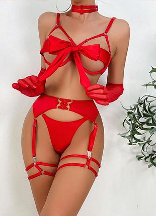 Атласний комплект спідньої білизни з поясом для панчіх і чокером, еротичний комплект білизни, білизна з чокером цукерка червоний, m