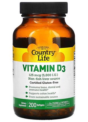 Country life, витамин d3, 125 мкг (5000 ме), 200 капсул