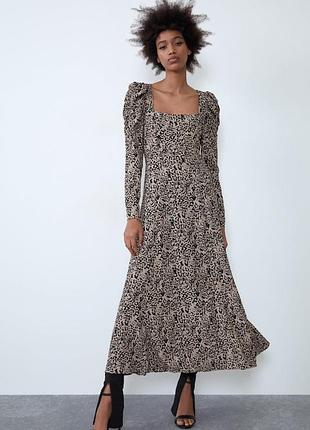 Zara леопардовое платье, платье миди с объемными рукавами