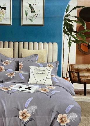 Комплект постельного белья полуторный koloco фланель (39832) бежевые цветы и перья на сером