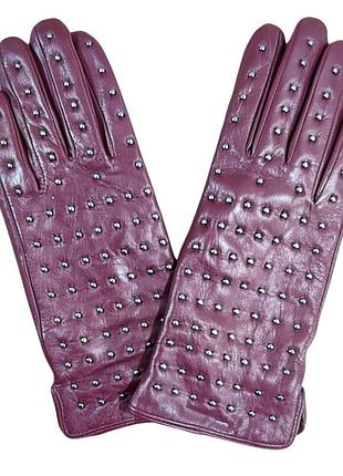 Перчатки женские кожаные на шерсти цвет марсала с заклепками 8.5