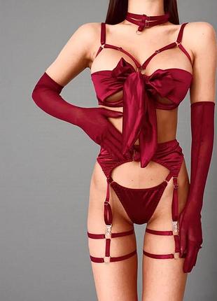 Атласний комплект спідньої білизни з поясом для панчіх і чокером, еротичний комплект білизни, білизна з чокером цукерка бордовий, l