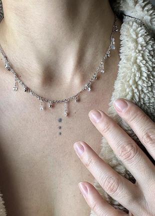 Ожерелье из камней и шариков, короткая цепочка, серебряное покрытие 925 пробы, длина 42+5 см