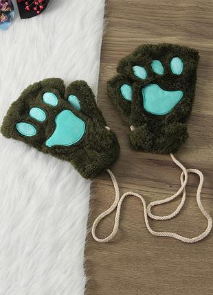 Перчатки лапки (митенки) темно-зеленые