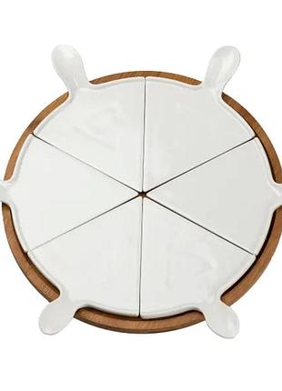 Тарелка для пиццы 28 см фарфоровая вращающаяся, бамбуковое основание hp1248