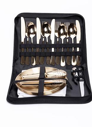 Набор посуды для пикника на 4 персоны, 24 предмета в кейсе, золотой комплект из нержавеющей стали