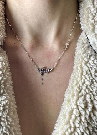 Підвіска серцебиття з пульсом та серцем з фіанітів, срібне покриття 925 проби, довжина 42+5 см