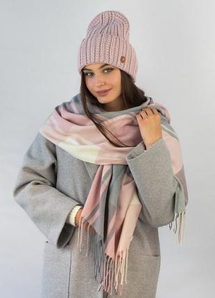 Комплект женский "аша" шапка колпак с отворотом и кашемировый палантин (5300/7030) светлая пудра