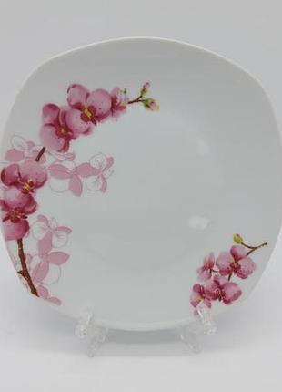 Тарілка дрібна квадратна десертна керамічна біла кольорова з малюнком закусочна орхідея d 19 cm forkopt