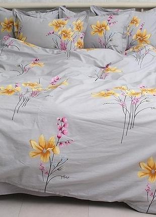Комплект постільної білизни з двома підковдрами сірий квіти 100% бавовна (пр-во туреччина) з компаньйоном pt-r05