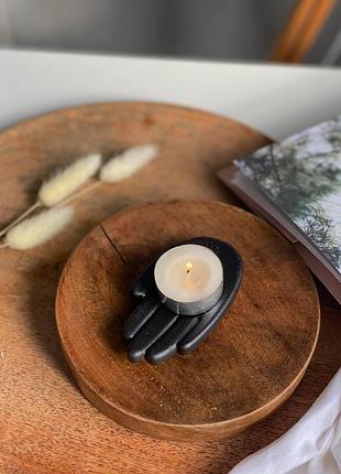 Гипсовый подсвечник мини ладонь со свечами, декоративная подставка с чайными свечами 2шт черный