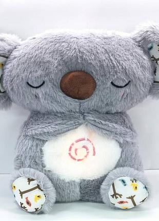 Дышащая мягкая игрушка-ночник коала серая, подарок для ребенка 4 в 1: ночник, игрушка, музыка и свет