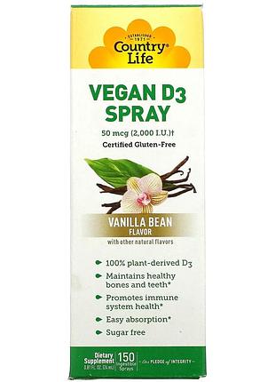Country life, спрей с витамином d3, ванильные стручки, 50 мкг (2000 ме), 150 нажатий спрея для перорального