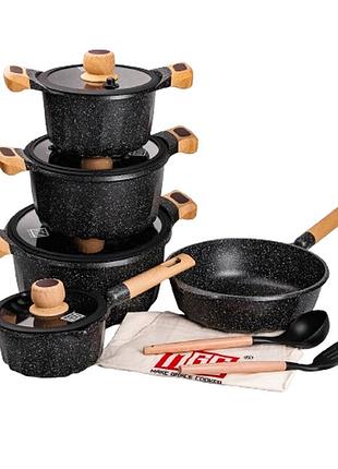 Набор посуды, комплект из 4 кастрюль и сковородок, mgc, черный hp-4-404b