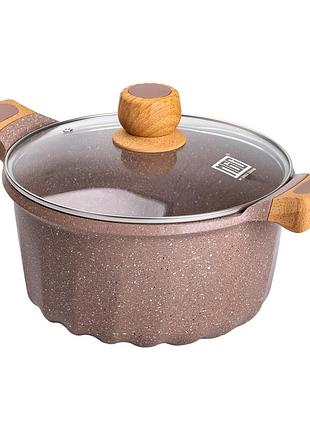 Алюминиевая кастрюля объемом 5 литров с крышкой ø 24 см, мраморное антипригарное покрытие, кофейный mgc hp-4-433co