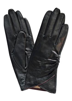 Элегантные черные сенсорные кожаные перчатки с бордовой окантовкой 7.5