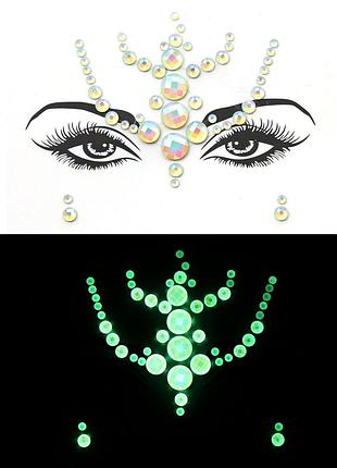 Стразы наклейки на лицо фосфорные one size разноцветный