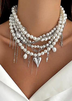 Колье ожерелье чокер многослойный жемчужинки (имитация)