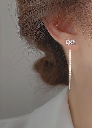 Сережки-протяжки срібні “знак вічності” з фіанітами, довгі сережки-ниточки 5 см, срібло 925 проби