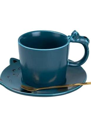 Чашка с блюдцем и ложкой фарфоровая 250 мл котик синяя hp7202bl