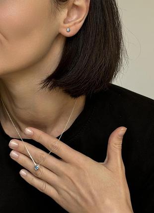 Комплект украшений сердце океана, серьги на закрутках+цепочка с кулоном, серебро 925 пробы