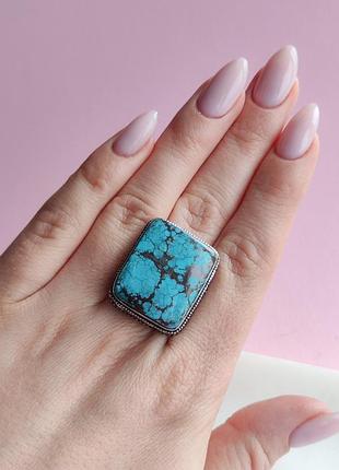 Кільце натуральна бірюза квадрат. перстень з натуральної бірюзи прямокутник. розмір 18. індія.