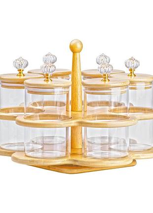 Банки для сипучих продуктів набір із 6 штук по 580 мл на дерев'яній підставці hp16292