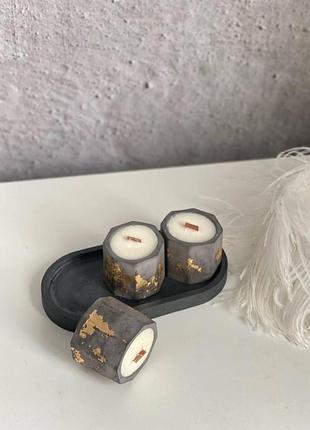 Набор ароматических соевых свечей в гипсовых кашпо mini 2.0 с золотым декором 3шт orgazmiс