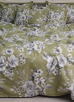 Семейный комплект постельного белья зеленый цветы 100% хлопок (пр-во турция) с компаньоном pt-r29