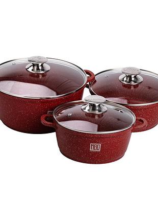 Набор из трех алюминиевых кастрюль с толстым дном и крышками с антипригарным покрытием mgc hp-4-408