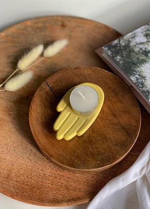 Гипсовый подсвечник мини ладонь со свечами, декоративная подставка с чайными свечами 3шт желтый