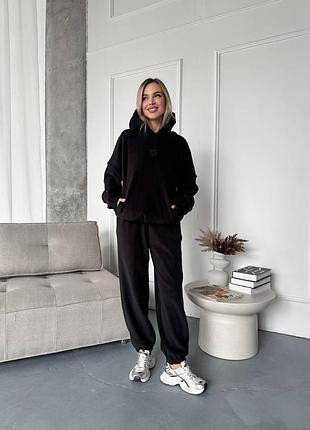 Теплий щільний флісовий спортивний костюм жіночий з худі 42-48 чорний