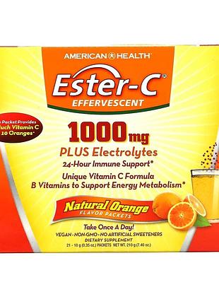 American health, ester-c, шипучая смесь для напитка, натуральный апельсиновый вкус, 1000 мг, 21 пакетик по 10