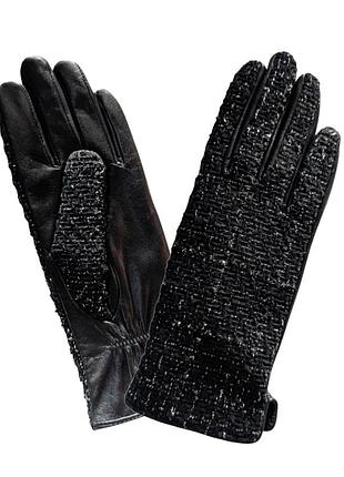 Женские чёрные комбинированные перчатки с люрексом и шерстяной подкладкой 7