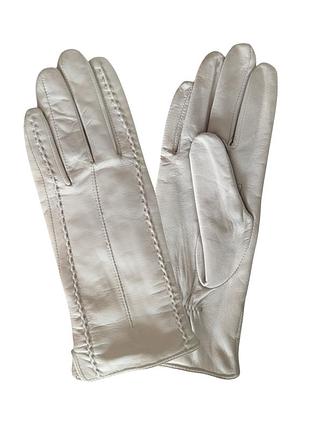 Женские кожаные светлые бежево-серые перчатки с подкладкой из шерсти 0229z 8