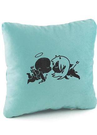 Декоративная подушка на диван влюбленные «ангелочки» из мягкого флока разные цвета голубой