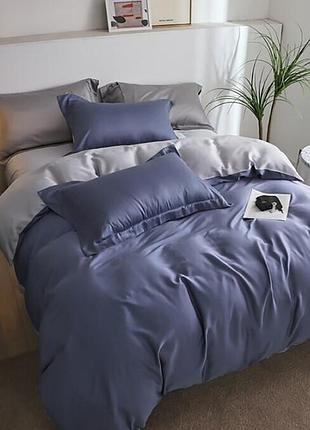 Постельное белье дует indigo/true grey premium сатин однотон meriset - семейный на резинке полуторный