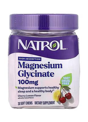Magnesium glycinate natrol, глицинат магния, высокая усвояемость, 100 мг, 30 жевательных таблеток