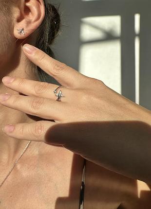 Комплект украшений самолет с камнями, серьги+кольцо, набор для путешественников, серебро 925 пробы