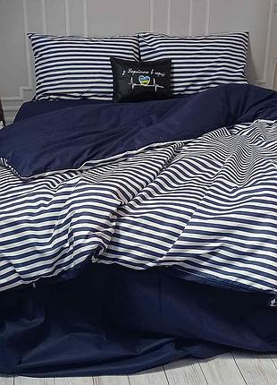 Постельное белье полосатый синий ранфорс meriset - семейный на резинке євро на резинці