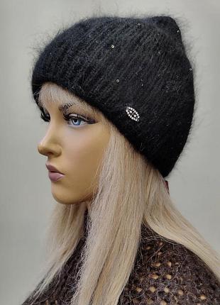 Женская тёплая шапка с высоким отворотом из ангоры с пайетками черная чёрный