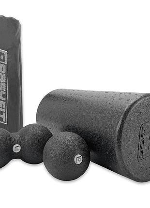 Массажный набор easyfit 2005-xl 3-в-1, epp-пена, чёрный - ролик + 2 мяча для йоги, фитнеса, реабилитации