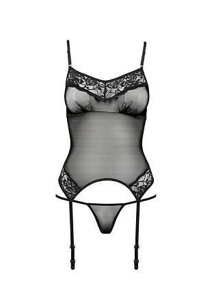 Корсет с пажами melania corset black l/xl - passion, трусики, полупрозрачный